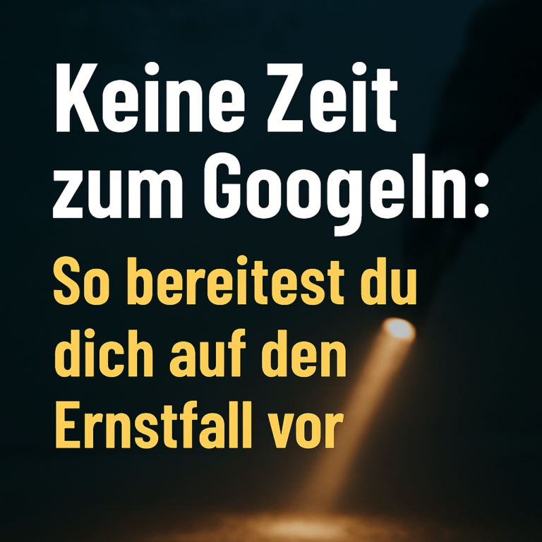 Schriftzug „Keine Zeit zum Googeln: So bereitest du dich auf den Ernstfall vor“ mit Taschenlampe im Hintergrund.