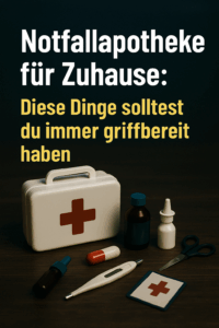 Grafik mit Notfallapotheke, Medikamenten und Text: „Notfallapotheke für Zuhause – Diese Dinge solltest du immer griffbereit haben“.