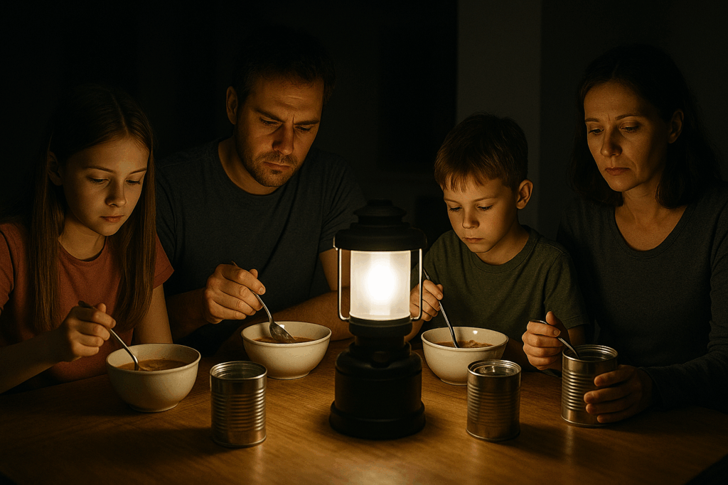 Familie sitzt bei Stromausfall im Dunkeln um eine Campinglampe und isst aus Konservendosen.