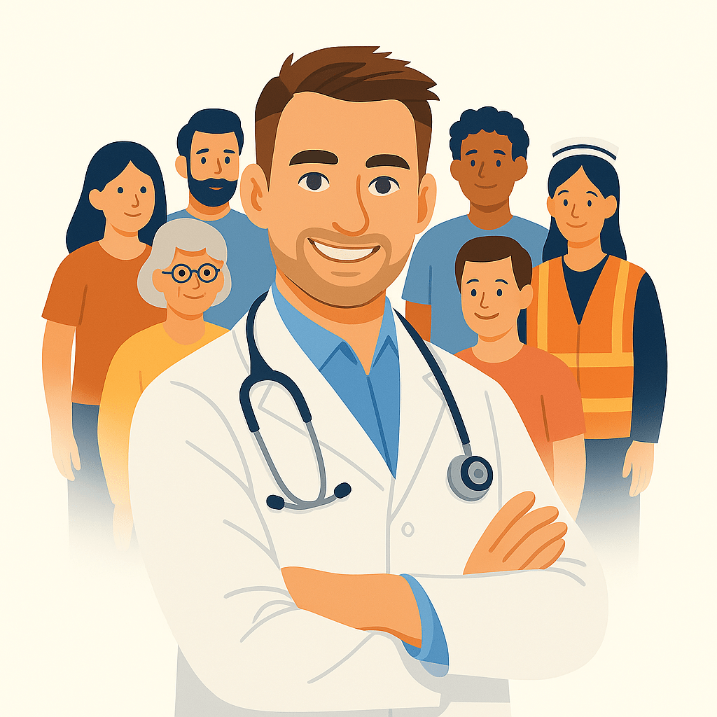 Arzt mit Stethoskop steht lächelnd vor einer Gruppe verschiedener Menschen aus dem Gesundheits- und Bevölkerungsschutz.