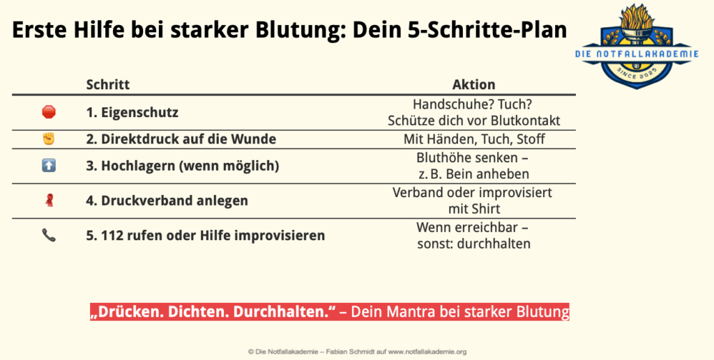 5-Schritte-Plan bei Blutung: Soforthilfe in einer lebensbedrohlichen Situation – klar, direkt, verständlich.