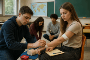 Jugendliche üben die Wundversorgung mit Verbandmaterial im Klassenzimmer im Rahmen eines Erste-Hilfe-Kurses.