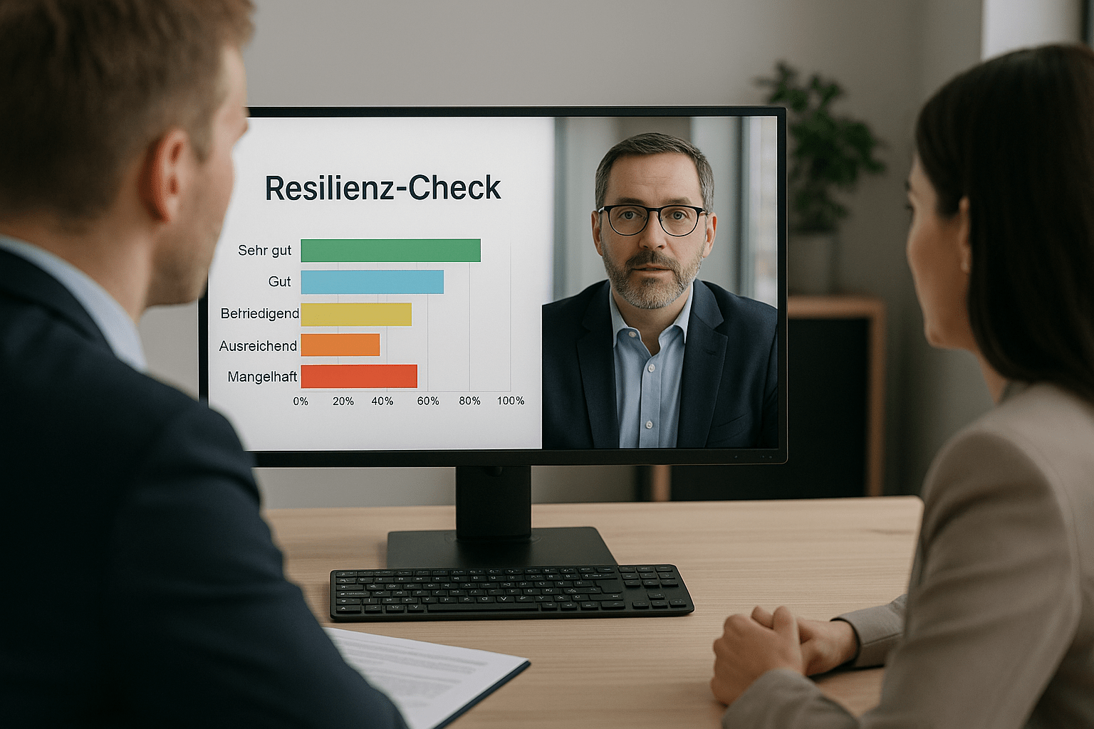 Krisenmanagement in Deutschland 1 Berater und Kunde im Videomeeting zum Resilienz-Check